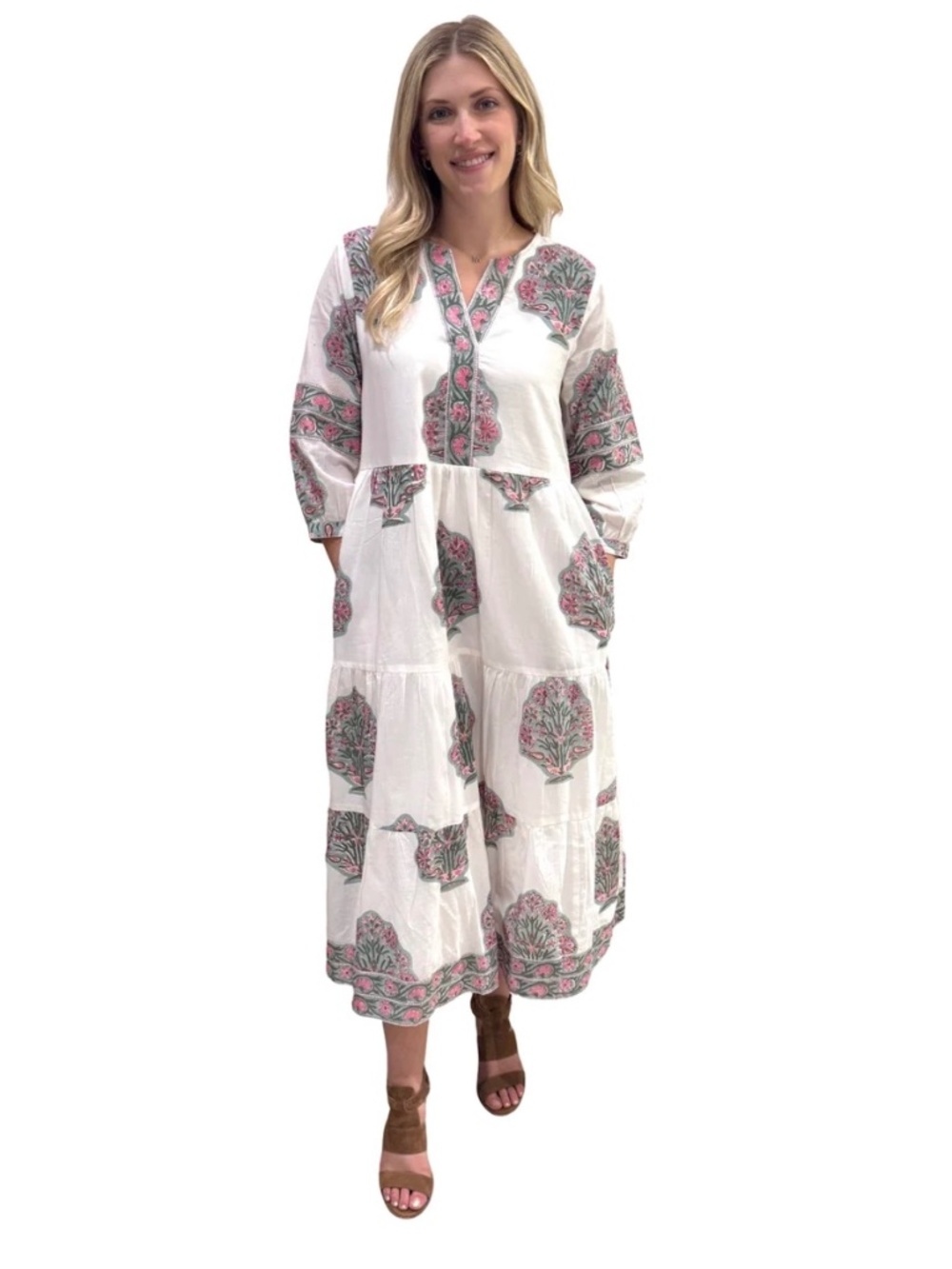 Evie Long Hand Block Printed Dress in Aqua Pink and White, NWT